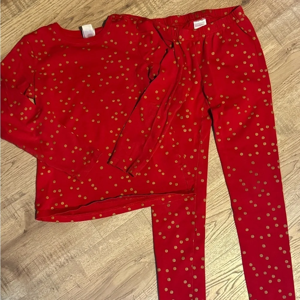 Hanna Andersson Red Gold Polka Dot Pajama Set Girls Size 8 130